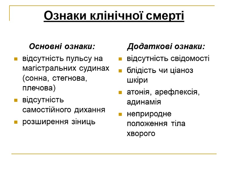 Ознаки клінічної смерті  Основні ознаки: відсутність пульсу на магістральних судинах (сонна, стегнова, плечова)